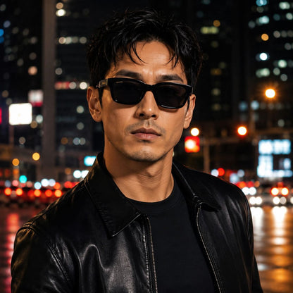 A man wearing Gucci GG1583S 001 Black Squared Sunglasses and a black leather jacket stands against a blurred nighttime city street background with lights and reflections.