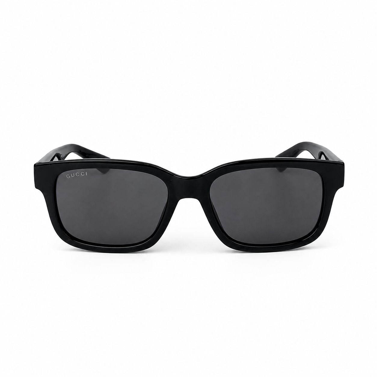Gucci GG1583S 001 Black Squared Sunglasses with a glossy black frame and dark gray lenses, shown from the front on a white background.