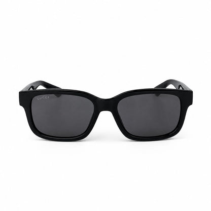Gucci GG1583S 001 Black Squared Sunglasses with a glossy black frame and dark gray lenses, shown from the front on a white background.