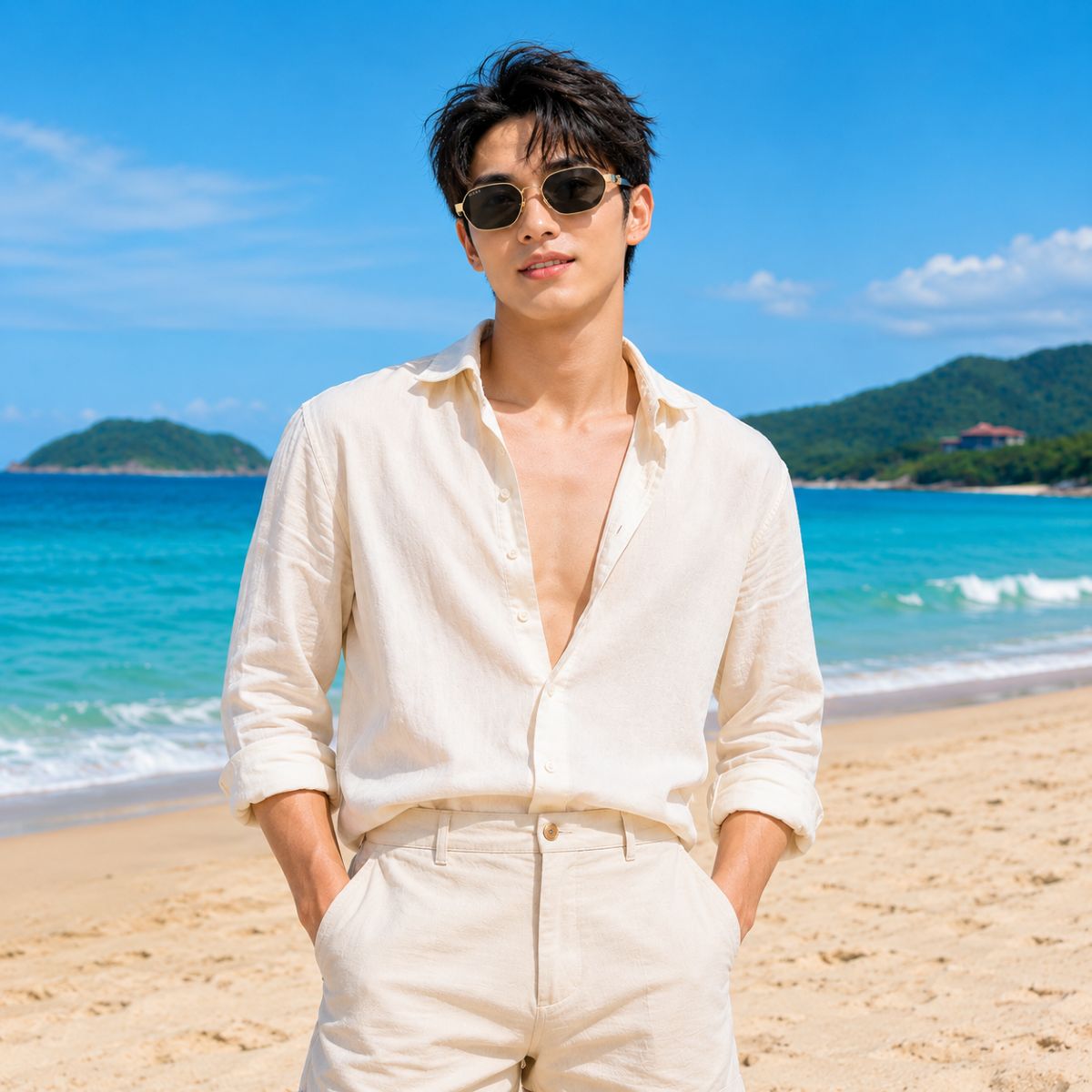 A man wearing a Gucci GG1593S 001 Gold Black Square Aviator Sunglassesin light cream linen button-down shirt and matching trousers stands on a sandy beach with the turquoise ocean and blue sky in the background.