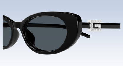 Gucci GG1680S 002 Black Oval Sunglasses with a decorative metal detail on a white background