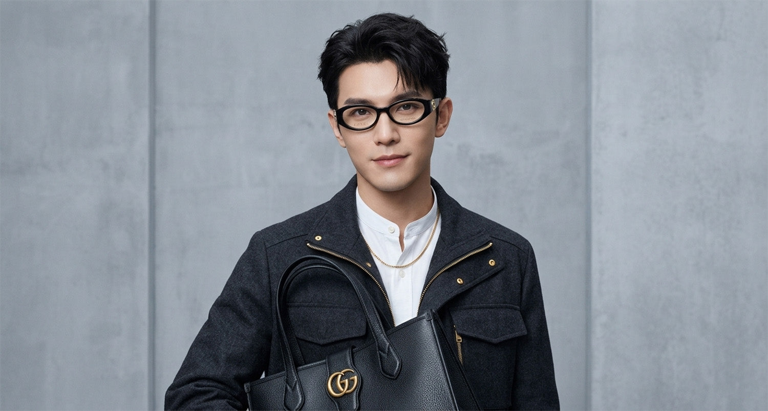 Man wearing Gucci GG16930-001 Oval Eyeglasses and a dark coat with a gray background
