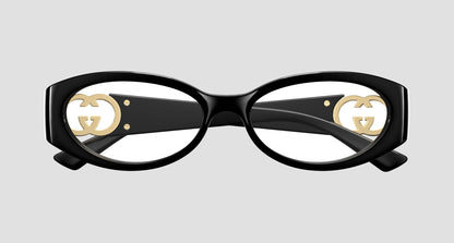 Gucci GG16930-001 Oval Eyeglasses with gold logo on a light gray background