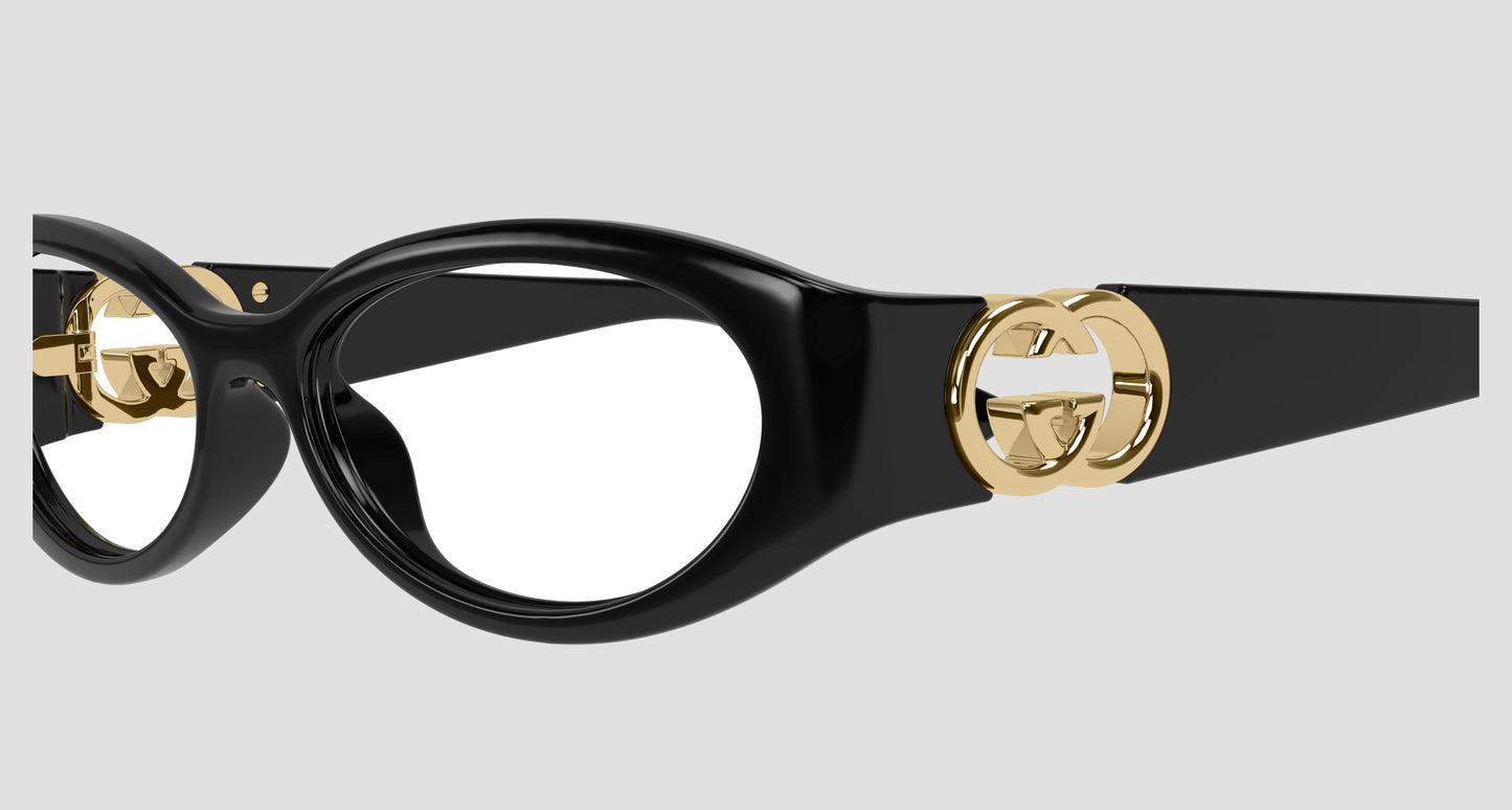 Gucci GG16930-001 Oval Eyeglasses with gold accents on a light gray background
