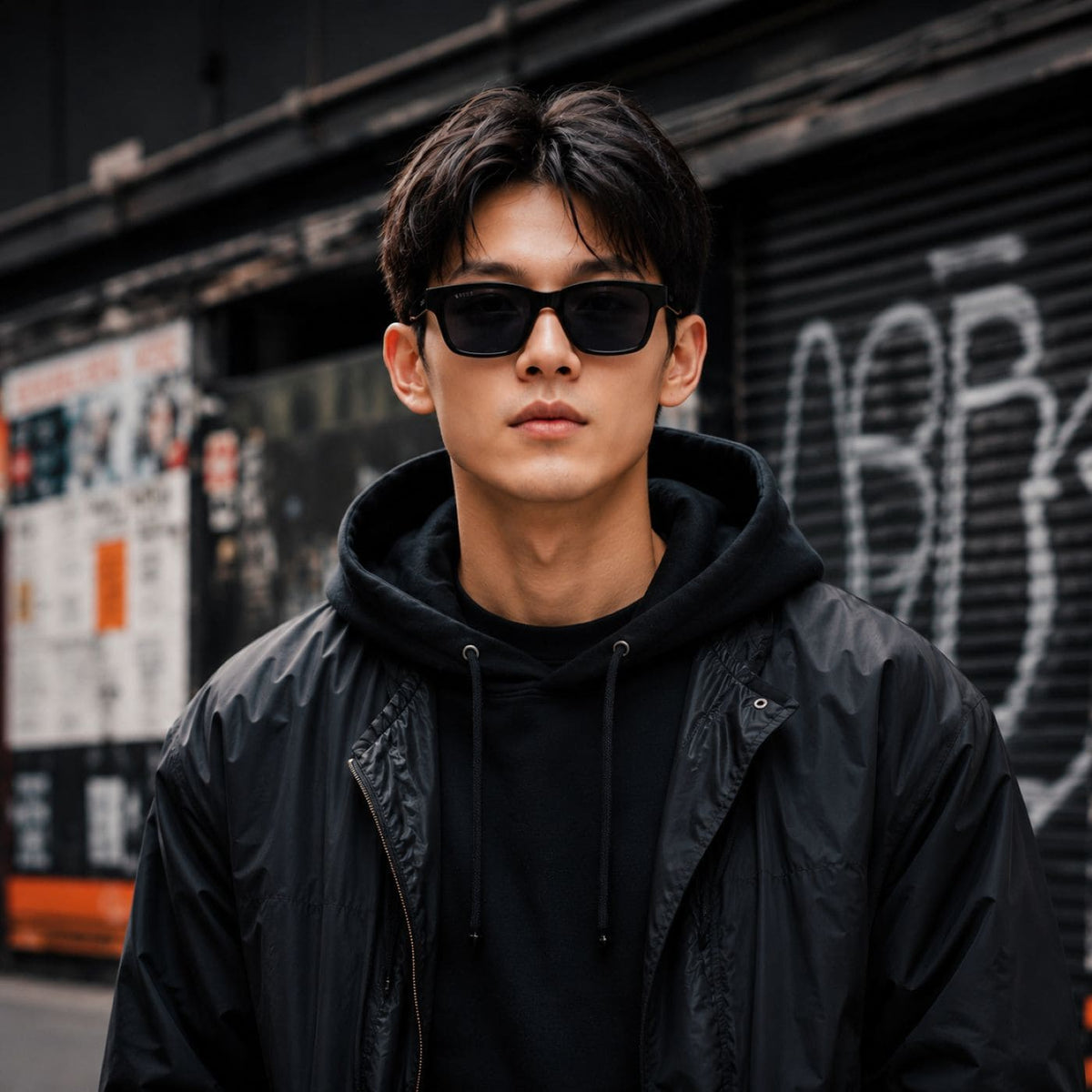 A man wearing Gucci GG1716S Black Square Sunglasses, a black hoodie, and a black jacket stands in front of a dark urban storefront with graffiti.