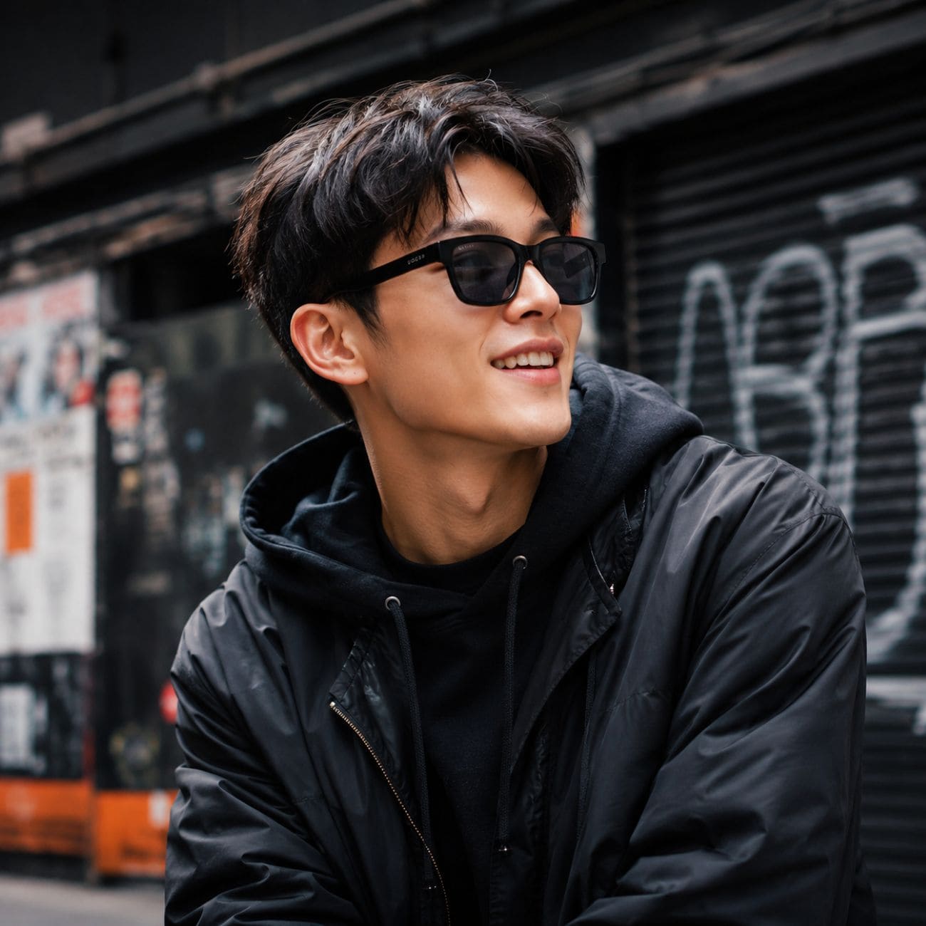 A man wearing Gucci GG1716S Black Square Sunglasses, a black puffer jacket, and a black hoodie, smiling while looking to the side against an urban street background with graffiti.