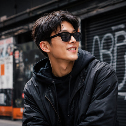 A man wearing Gucci GG1716S Black Square Sunglasses, a black puffer jacket, and a black hoodie, smiling while looking to the side against an urban street background with graffiti.