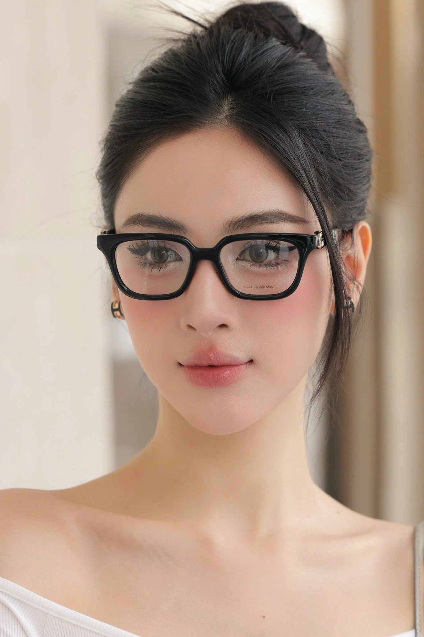 Woman wearing Gucci GG1728O-001 Eyeglasses with a neutral background