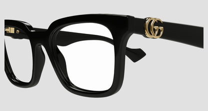 Gucci GG1728O-001 Eyeglasses with a gold logo on a light gray background
