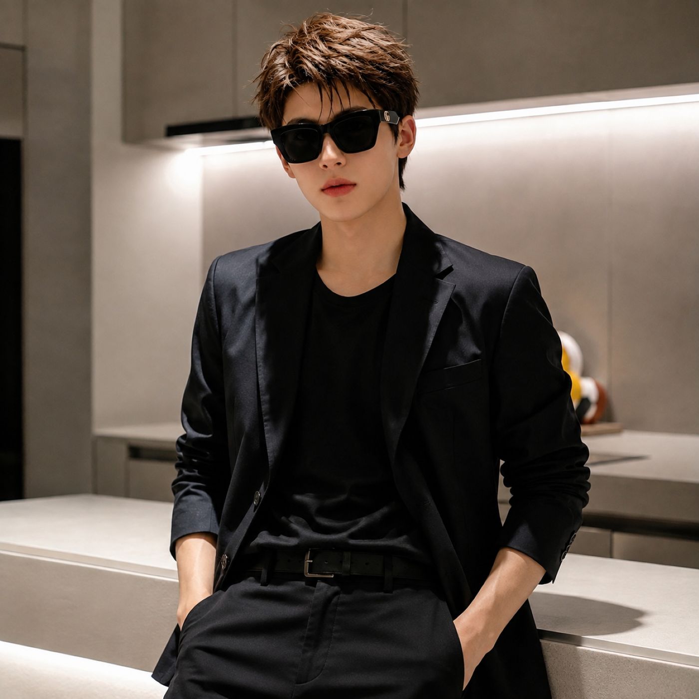 A man wearing a black blazer, black t-shirt, black pants, and Gucci GG1753S 001 Black Square Sunglasses, posing in a modern, minimalist interior setting with warm lighting.