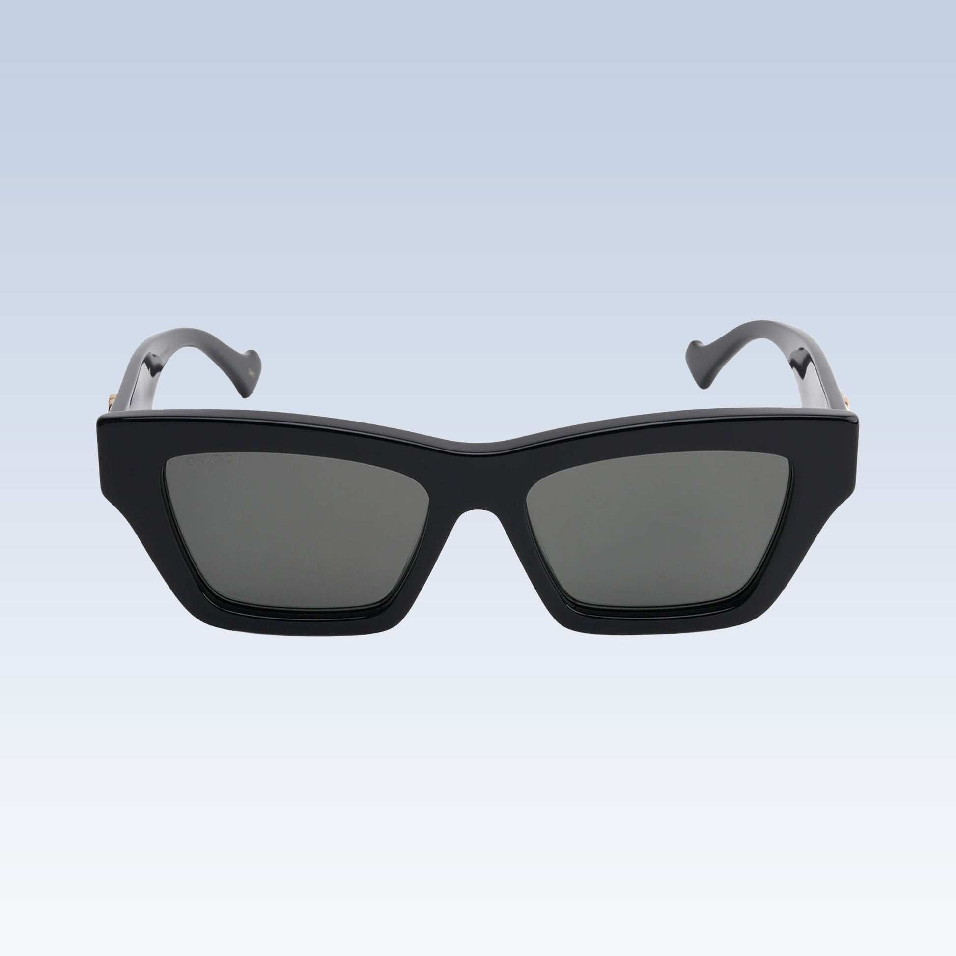 Gucci GG1753S 001 Black Square Sunglasses with dark gray lenses and silver-gray temples, shown from the front on a light blue gradient background.