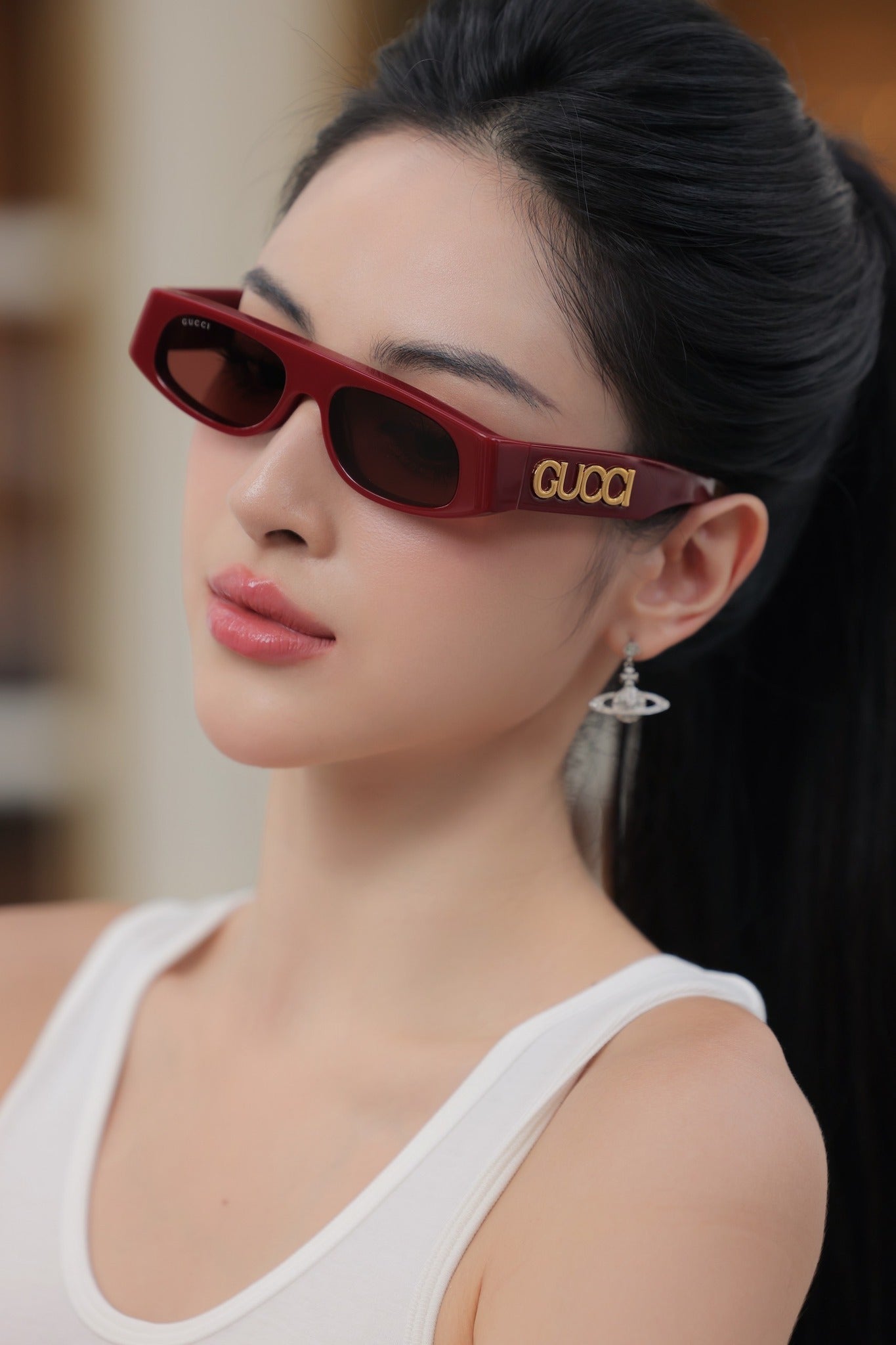 wearing GUCCI GG1771S 003 SUNGLASSES BURGUNDY