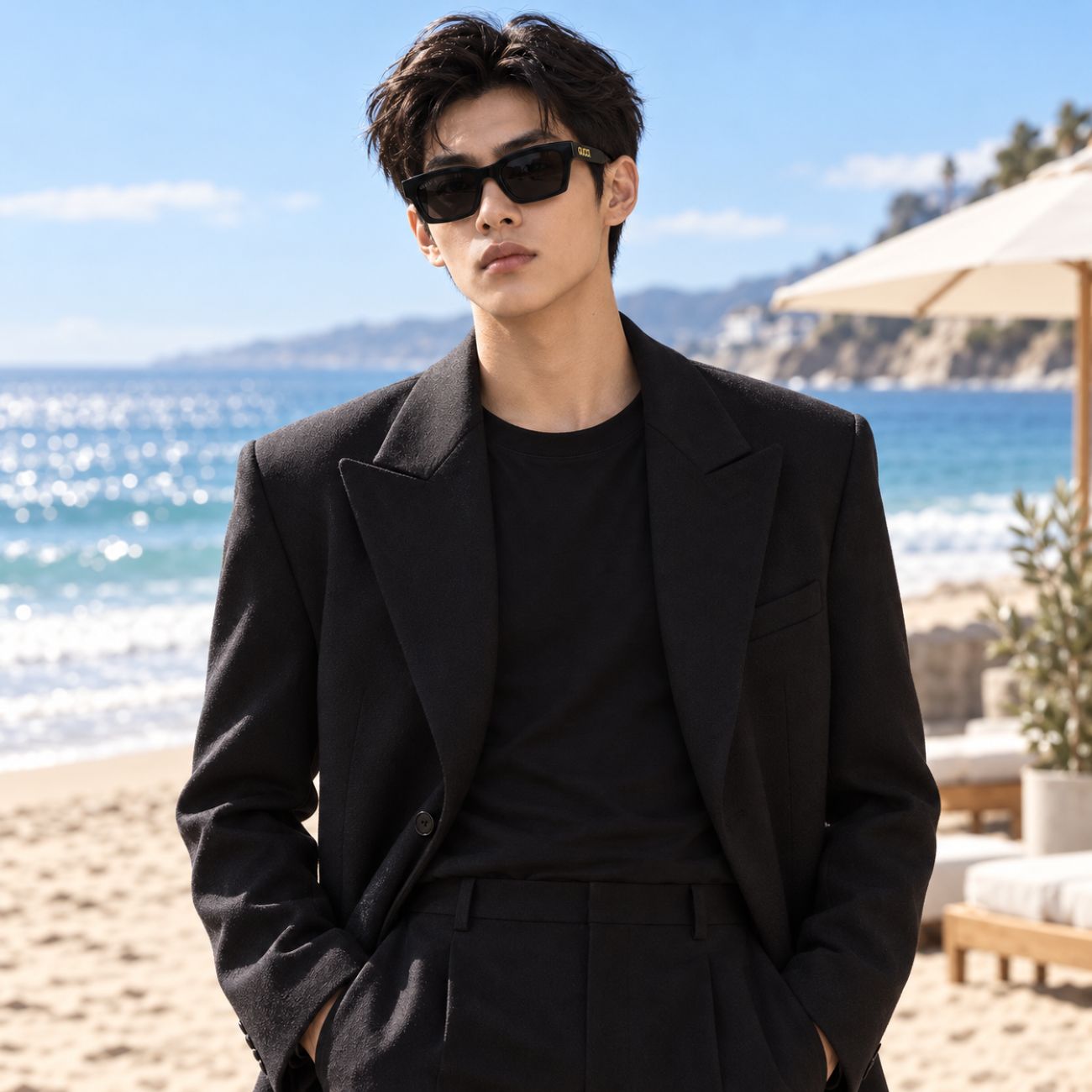 A man wearing a black tailored blazer, Gucci GG1790S 001 Black Rectangular Sunglasses, and a black t-shirt stands on a sunny beach with the ocean and lounge chairs in the background.