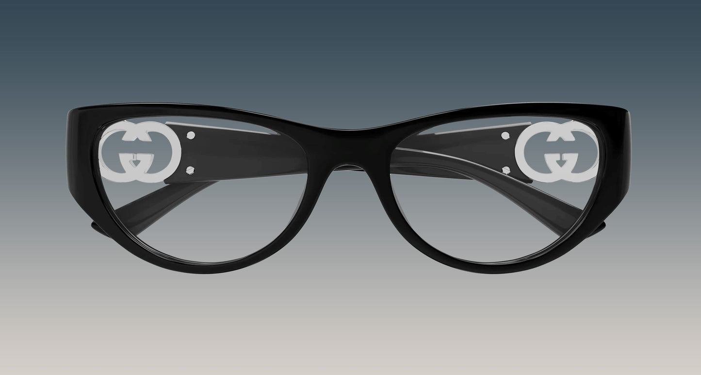 Gucci GG1825O 001 Black Rounded Rectangular Eyeglasses with a glossy finish and a prominent white interlocking GG logo printed on each lens, set against a dark-to-light gray gradient background.