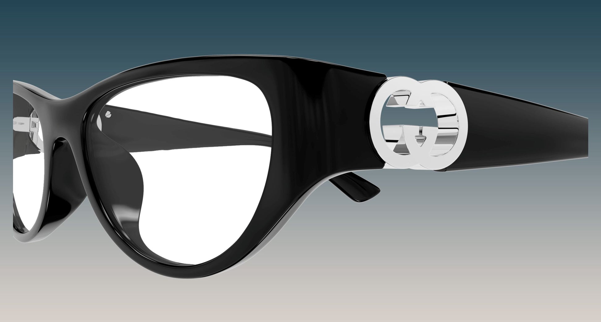 Gucci GG1825O 001 Black Rounded Rectangular Eyeglasses with a glossy black acetate frame, featuring the signature interlocking GG logo in polished silver-tone metal on the temple.