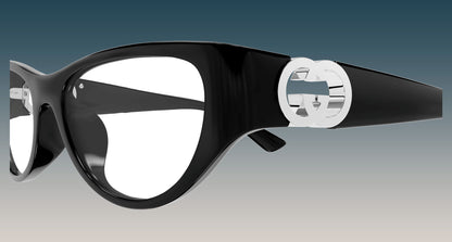 Gucci GG1825O 001 Black Rounded Rectangular Eyeglasses with a glossy black acetate frame, featuring the signature interlocking GG logo in polished silver-tone metal on the temple.