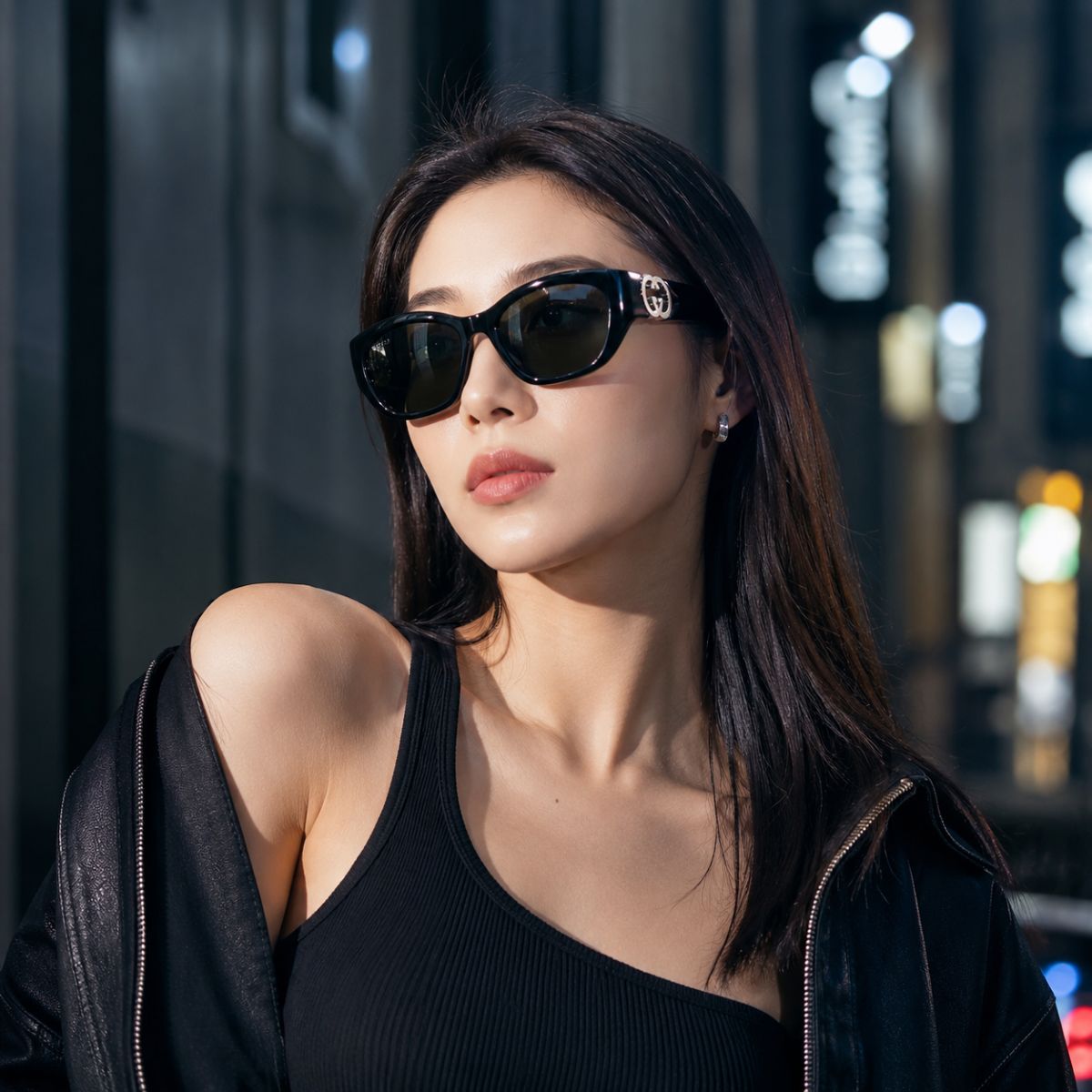 A woman wearing Gucci GG1826SK 001 Black Cat-Eye Sunglasses with a silver-tone GG logo on the temples, styled with a black ribbed top and an open black leather jacket against a blurred nighttime city street background.