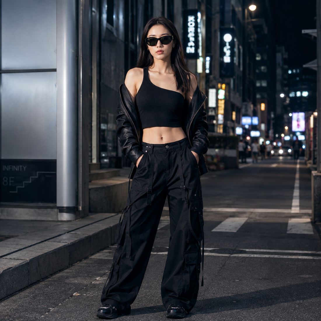 A woman stands on a city street at night wearing a Gucci GG1826SK 001 Black Cat-Eye Sunglasses in black asymmetrical one-shoulder top, black wide-leg cargo pants, a black leather jacket draped off her shoulders, and black sunglasses.