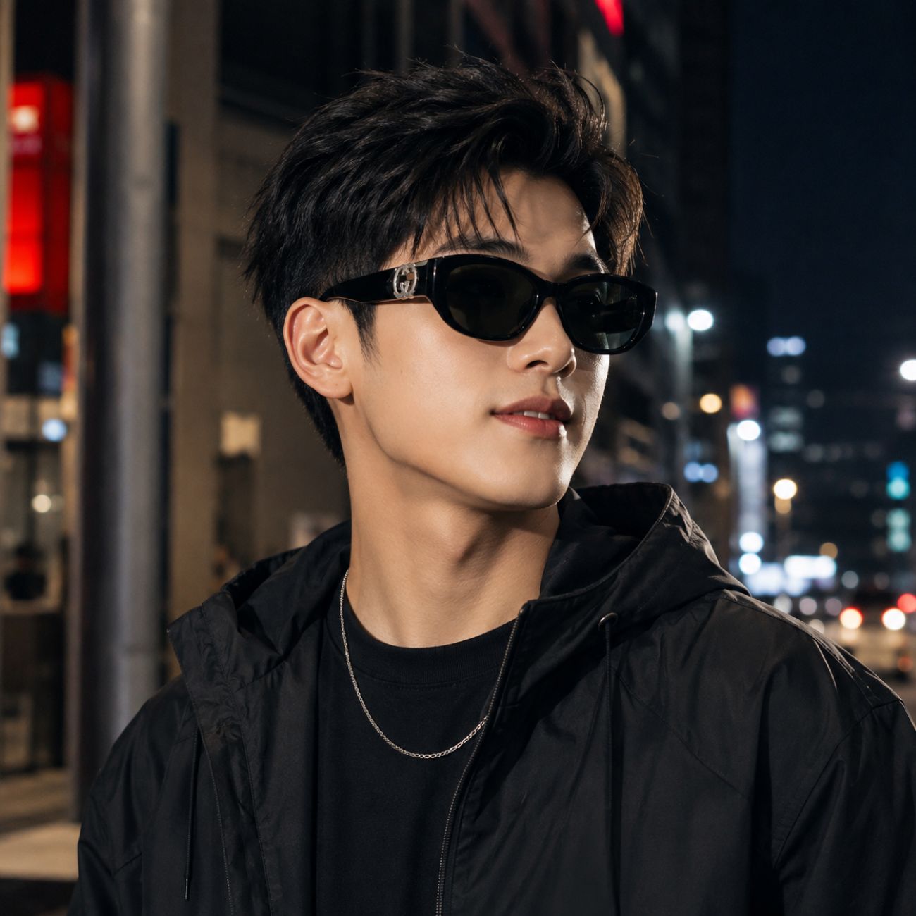 A man wearing Gucci GG1826SK 001 Black Cat-Eye Sunglasses with a silver-toned logo on the bridge, a black jacket, and a silver chain necklace, photographed outdoors at night with blurred city lights in the background.