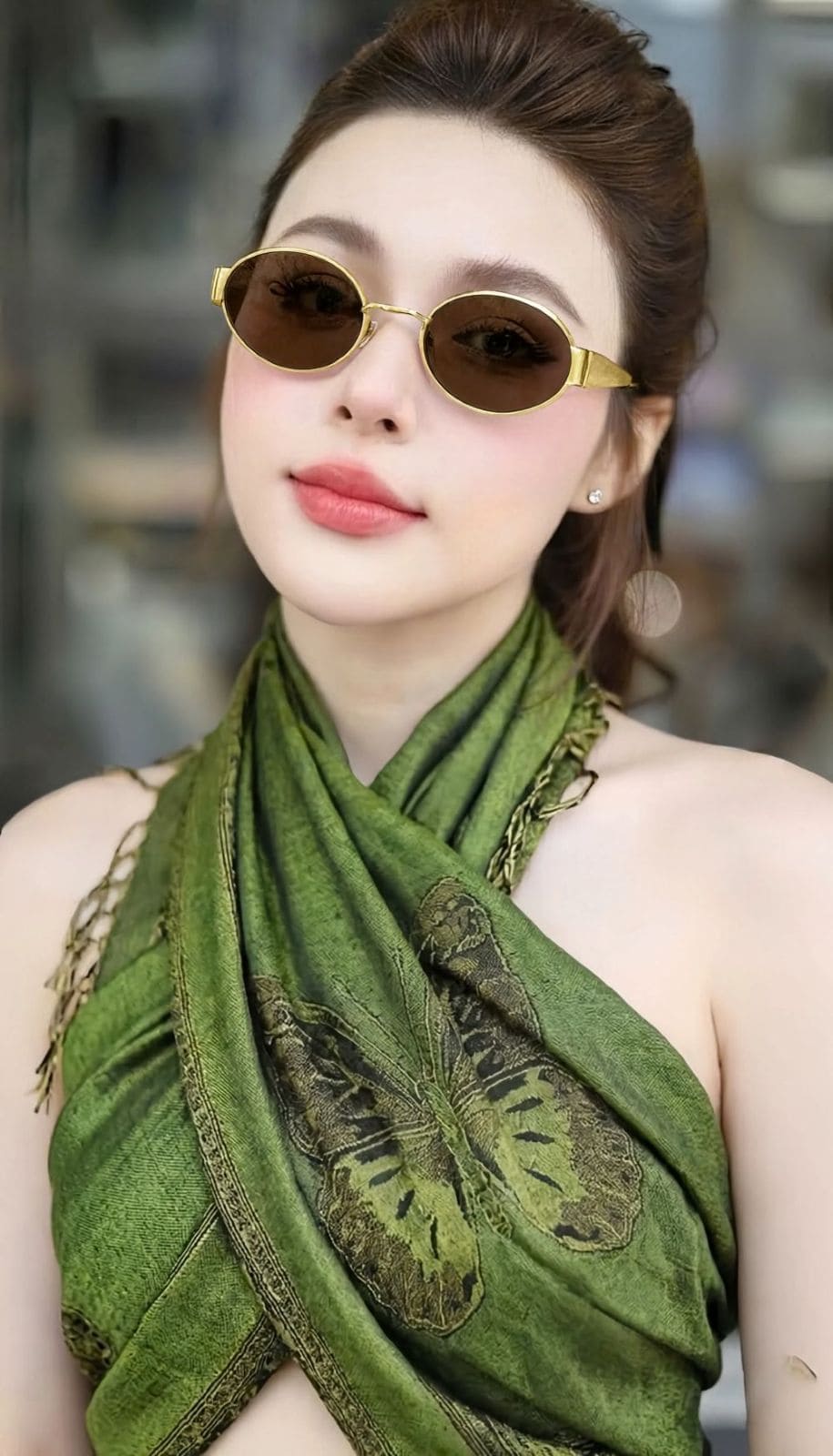 model wearing Gucci GG1854S 005 Gold Round Sunglasses