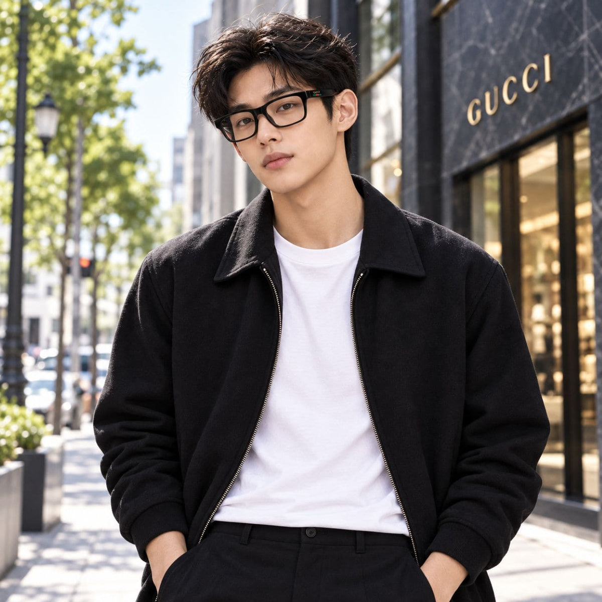 man wearing Gucci GG1858O Black Rectangular Eyeglasses in a black jacket and white t-shirt