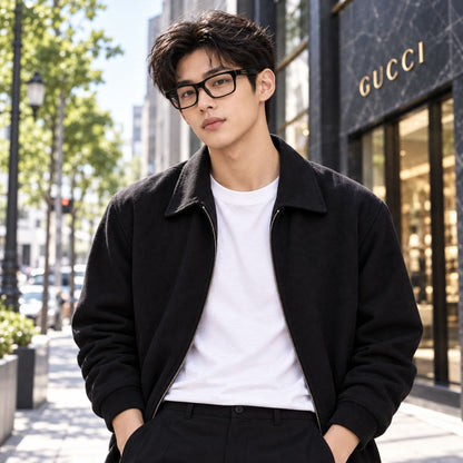 man wearing Gucci GG1858O Black Rectangular Eyeglasses in a black jacket and white t-shirt