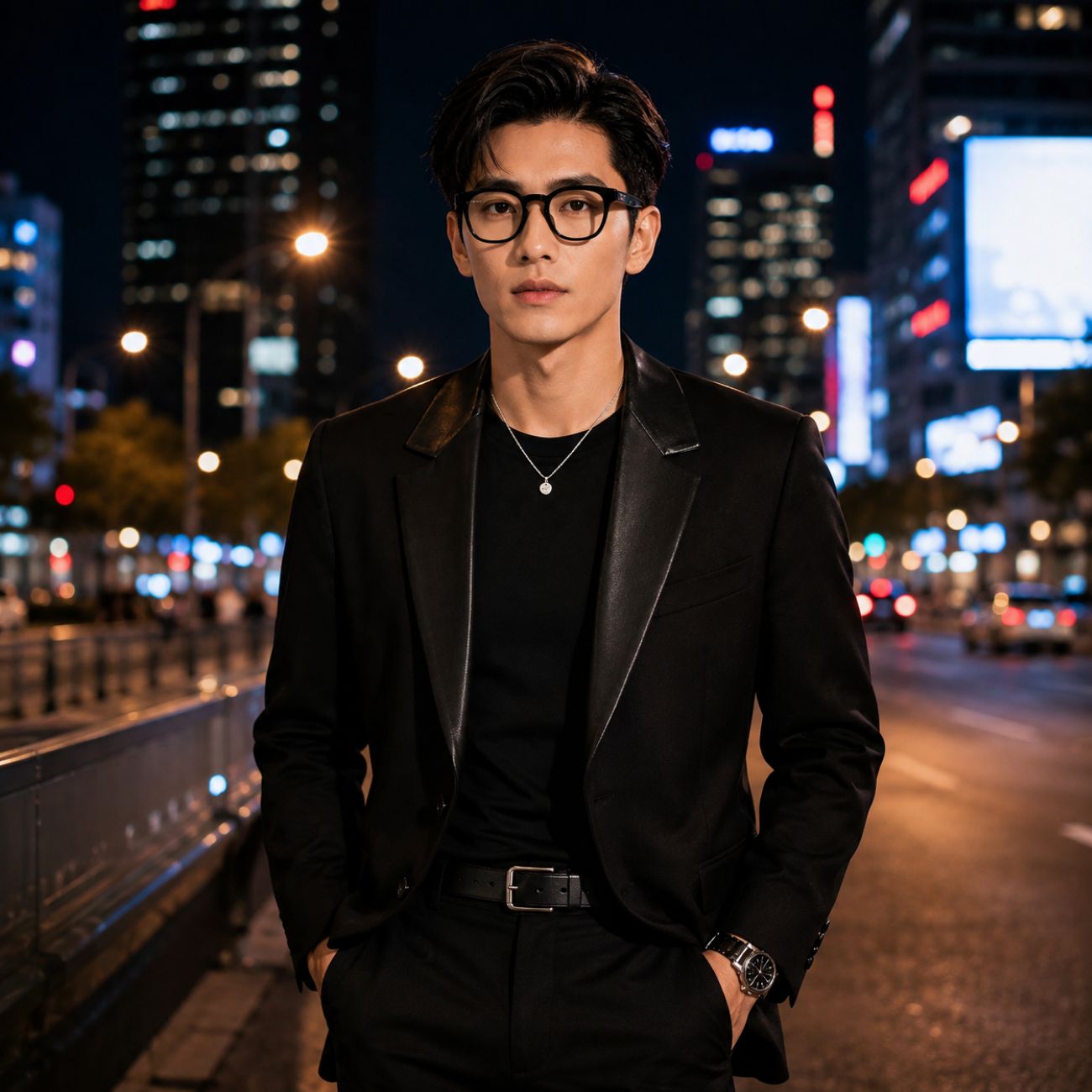 A man wearing a Gucci GG1859O-001 Black Square Eyeglasses in black leather-look blazer, black shirt, and black trousers stands on a city street at night with blurred lights and tall buildings in the background.