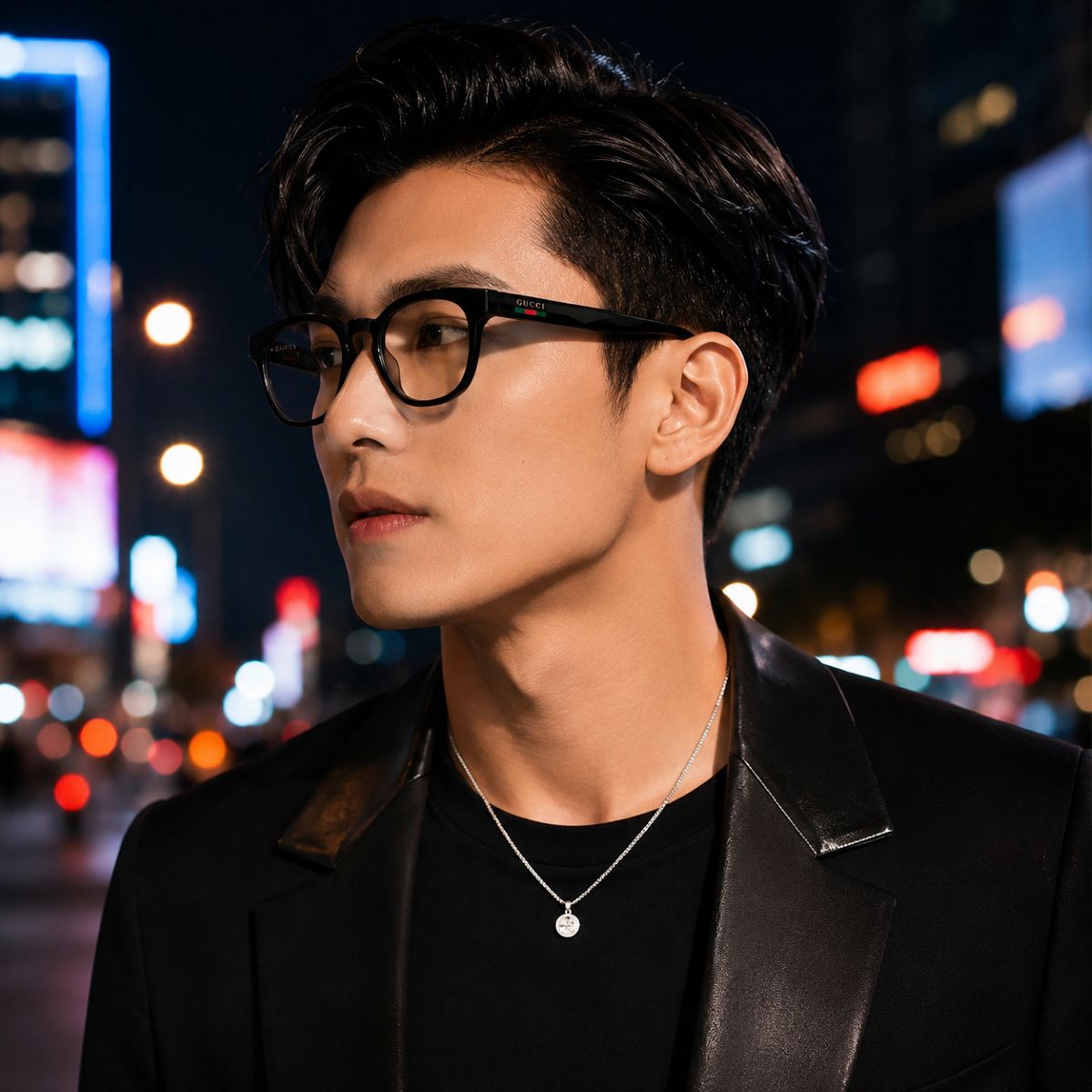 A man wearing Gucci GG1859O-001 Black Square Eyeglasses with a small red logo on the frame, styled with a black leather jacket and a silver necklace, set against a blurred night cityscape background.