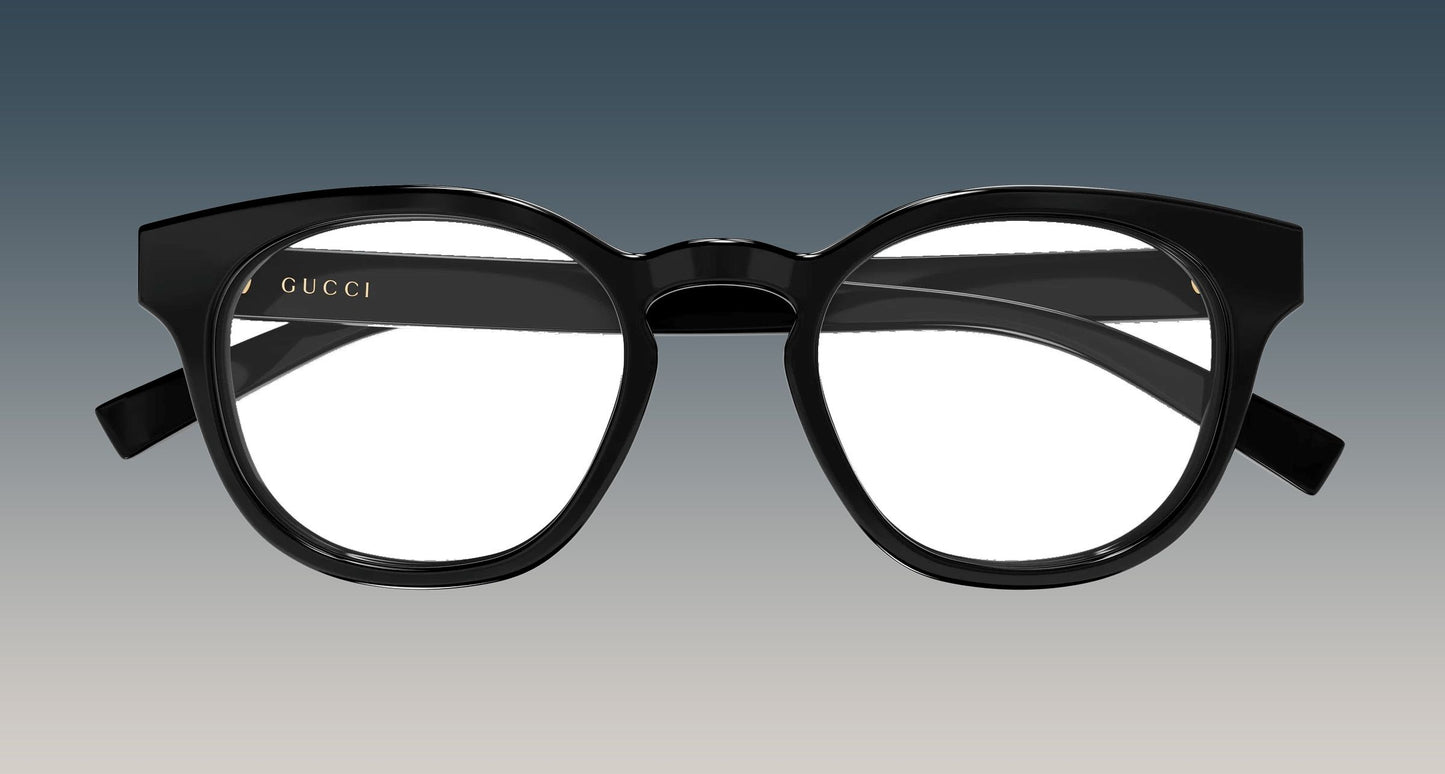 Gucci GG1859O-001 Black Square Eyeglasses frames with a thick, rounded square shape and gold logo lettering on the inner left frame, shown against a gradient gray background.