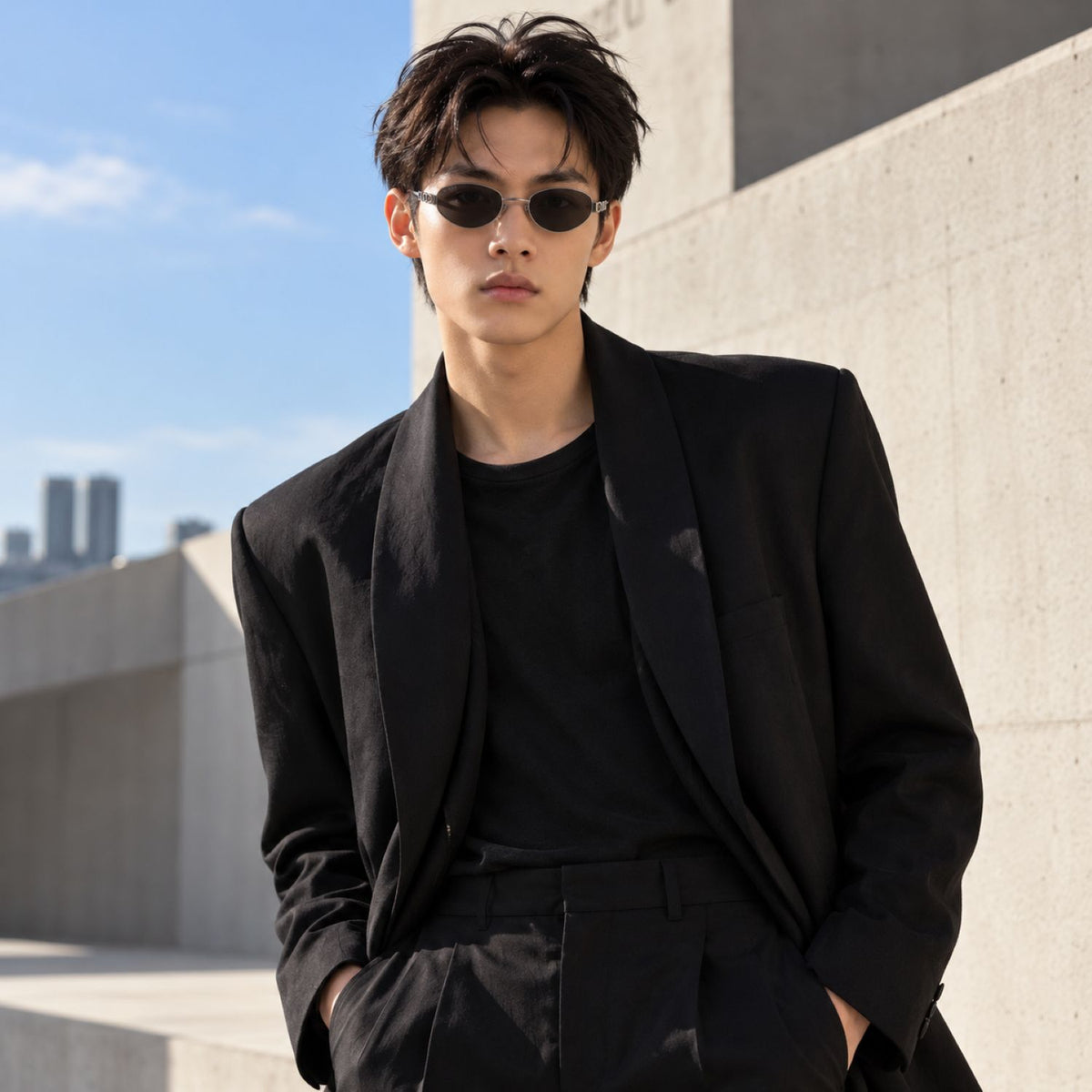 Man wearing Gucci GG1935S 001 Silver Round Oval Sunglasses in black blazer, black t-shirt standing with hand inside black pants pocket