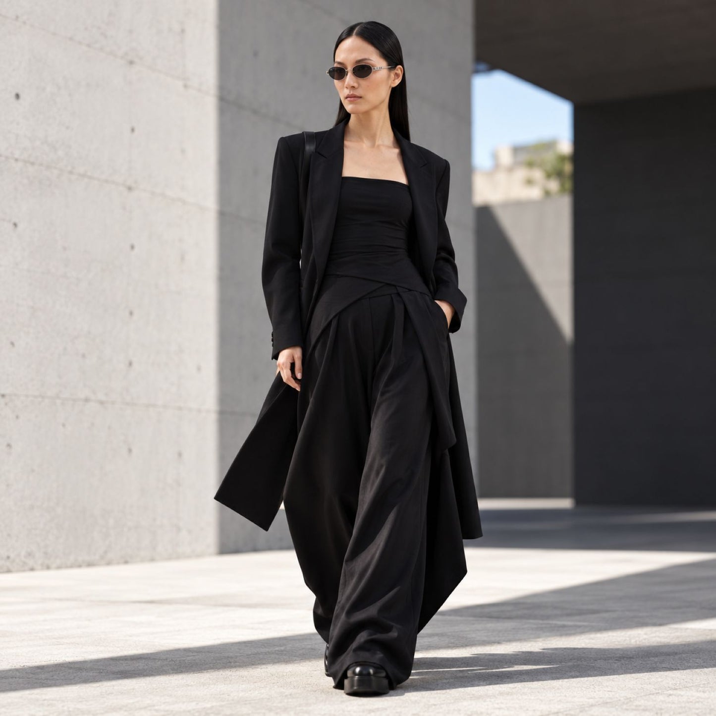 Women wearing Gucci GG1935S 001 Silver Round Oval Sunglasses with black dress 