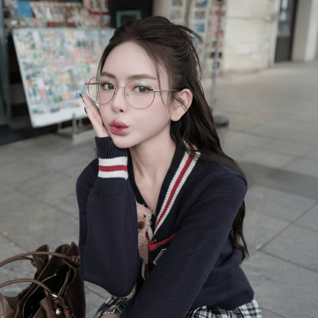Woman wearing Gucci GG1939O 002 Silver Eyeglasses and a dark sweater with a plaid skirt in an outdoor setting