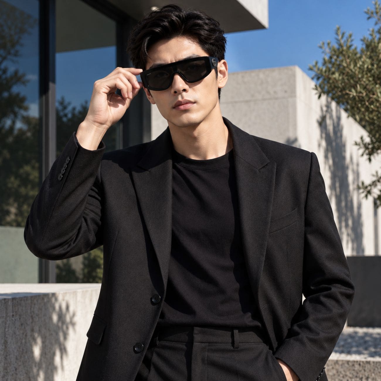 A man wearing a black blazer, black t-shirt, and black trousers, holding his Gucci GG1950S 001 Black Shield Sunglasses in front of his eyes. He is standing outdoors in front of a modern concrete building with blue sky and trees in the background.