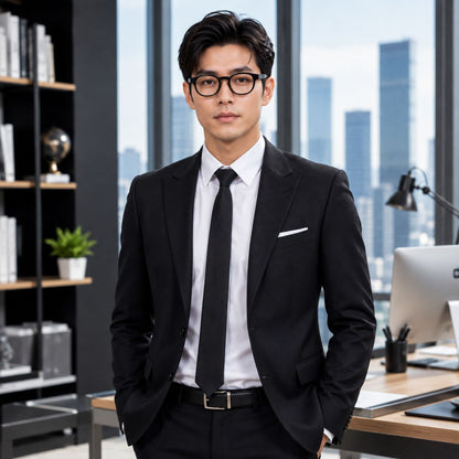 A man wearing a black suit, white dress shirt, black tie, and Gucci GG1988OK-001 Black Square Round Eyeglasses stands in a modern office setting with a city skyline visible through the windows behind him.