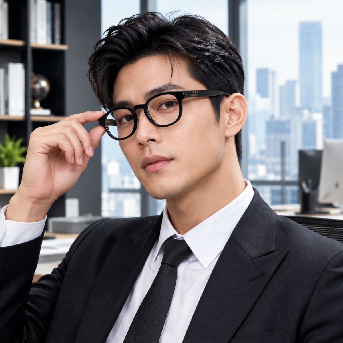 A man in a black suit and white shirt wearing Gucci GG1988OK-001 Black Square Round Eyeglasseswith a small green and red accent on the temple, posing in a modern office setting.