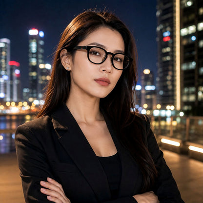 A woman with long dark hair and black-Gucci GG1988OK-001 Black Square Round Eyeglasses, wearing a black blazer over a black top, standing with arms crossed against a blurred city skyline at night.