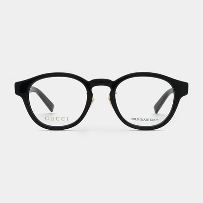 Gucci GG1988OK-001 Black Square Round Eyeglasses with gold-tone metal hinges and gold lettering on the inside of the lenses, shown against a light gray background.