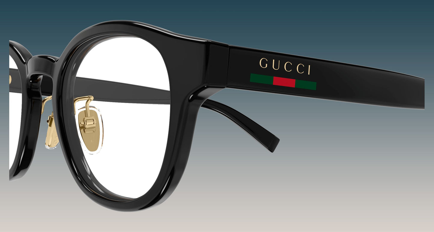 Gucci GG1988OK-001 Black Square Round Eyeglasses featuring a glossy black acetate frame, gold-tone metal hinge hardware, and the signature green and red web stripe on the temple arm with the gold GUCCI logo.