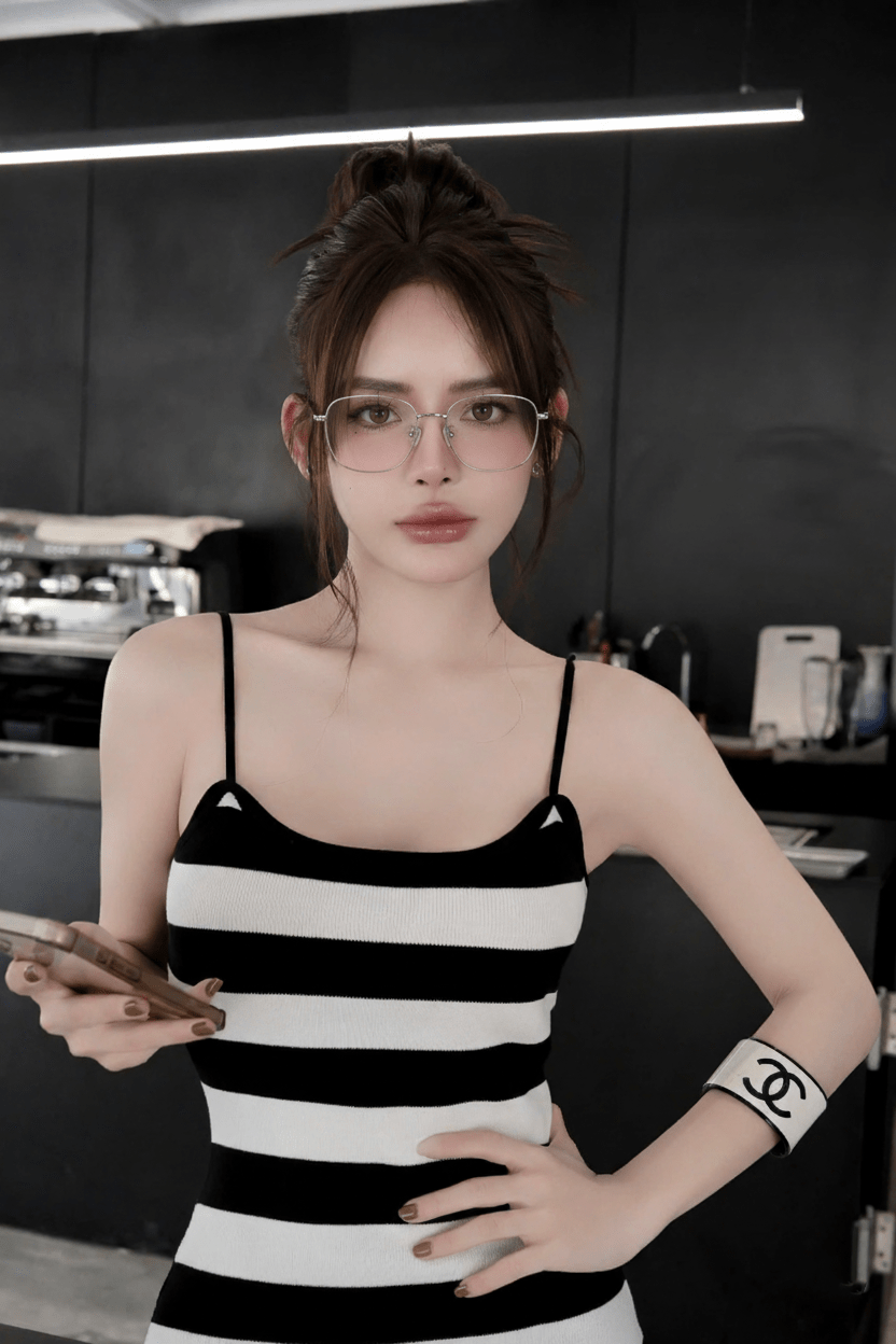 Woman wearing Gucci GG2006OA 002 Silver Eyeglasses, a black and white striped tank top in a kitchen setting