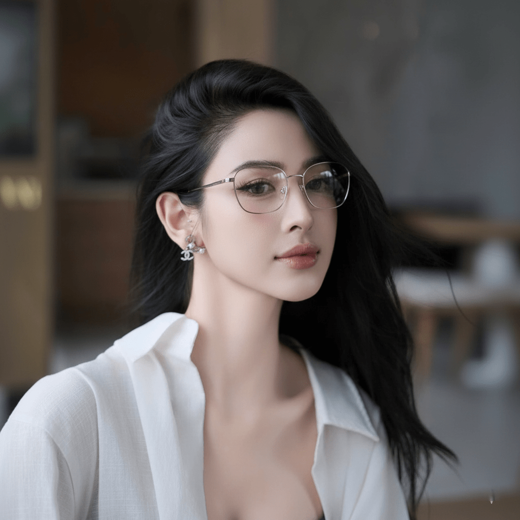 Woman wearing Gucci GG2006OA 002 Silver Eyeglasses and a white shirt in an indoor setting