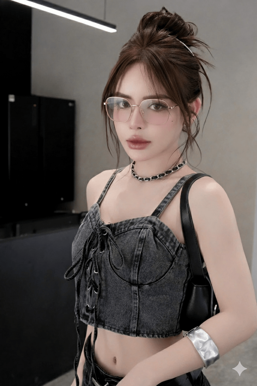 Woman wearing a denim crop top and Gucci GG2006OA 003 Gold Eyeglasses indoors