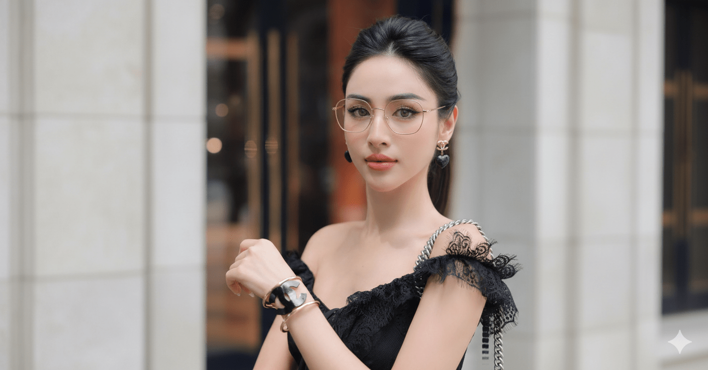 Woman wearing Gucci GG2006OA 003 Gold Eyeglasses & a black dress with ruffled details in an indoor setting