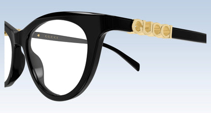 close-up Gucci GG2034O 001 Black Cat-Eye Eyeglasses with "gucci" lettering by gold