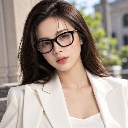 women wearing Gucci GG2035OA 001 Black Square Eyeglasses in white vest and white dress outside the balcony