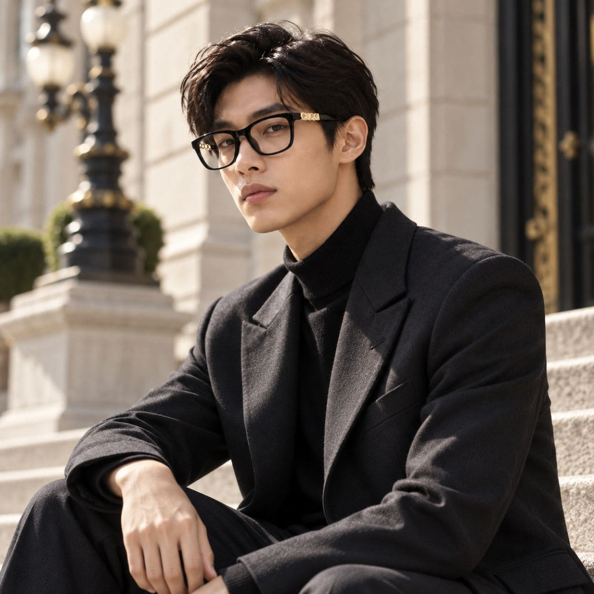 man wearing Gucci GG2035OA 001 Black Square Eyeglasses in black suit sit outside the villa