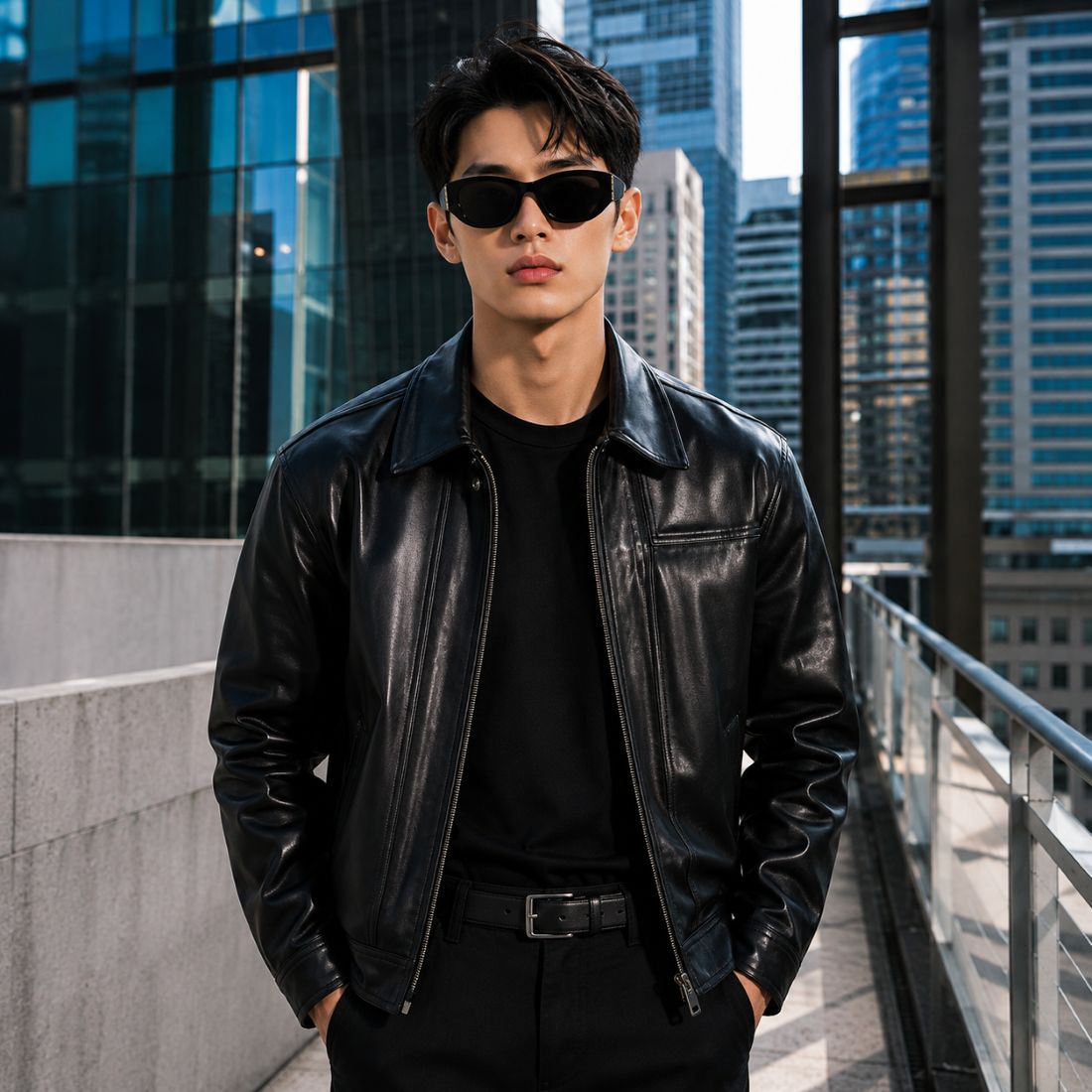 A man wearing a black leather jacket, black t-shirt, black pants, and Gucci GG2044SA-001 Black Soft Rectangular Sunglasses stands on a modern outdoor walkway with a city skyline in the background.