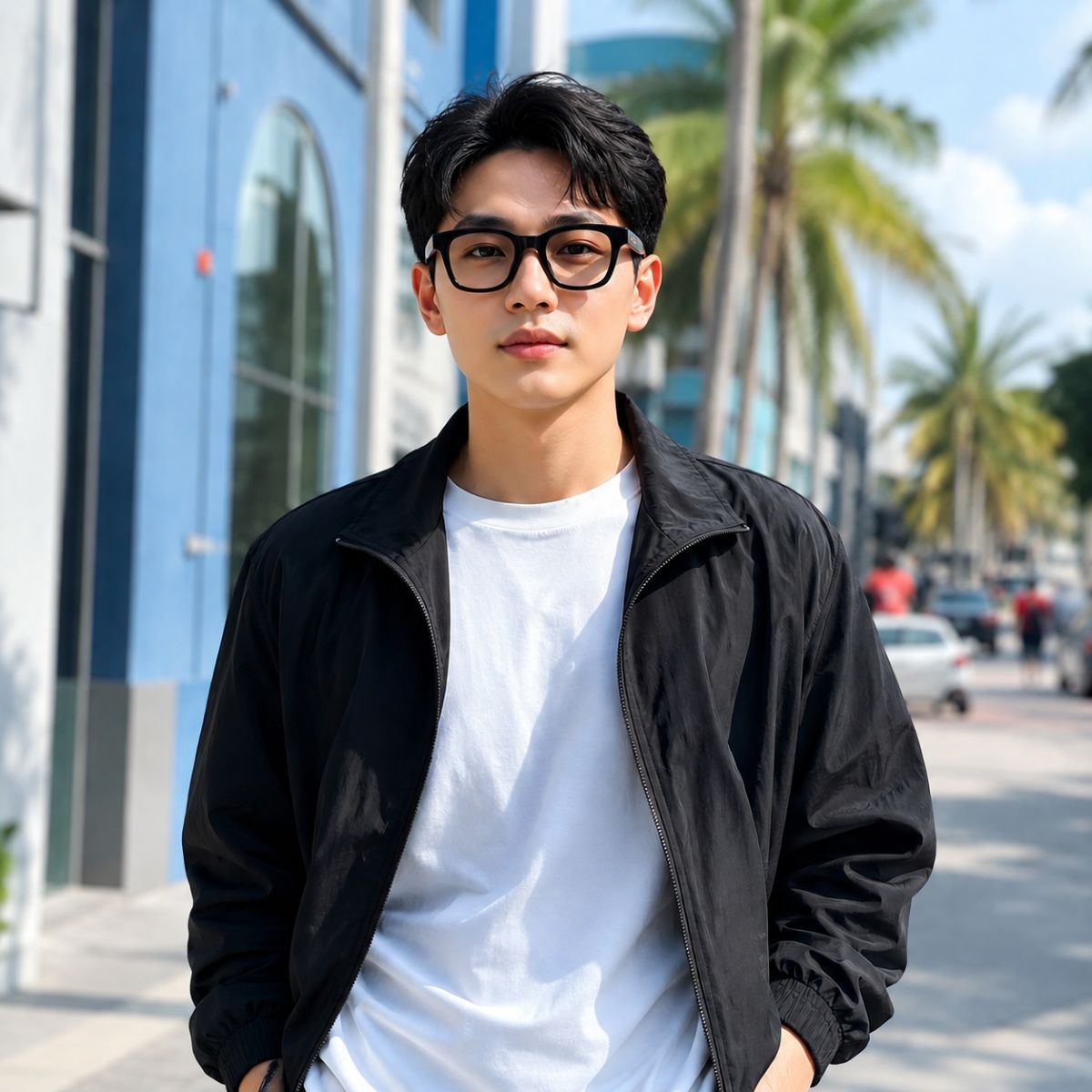 A man wearing Gucci GG2103OL-001 Black Rectangular Eyeglasses, a black zip-up jacket, and a white t-shirt standing on a sunny city street with palm trees and blue buildings in the background.