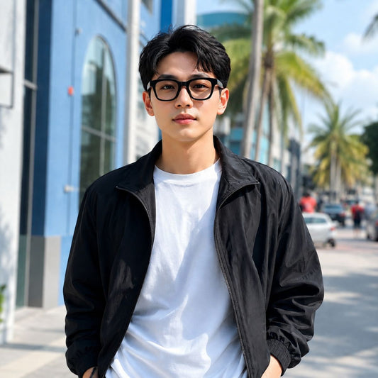 A man wearing Gucci GG2103OL-001 Black Rectangular Eyeglasses, a black zip-up jacket, and a white t-shirt standing on a sunny city street with palm trees and blue buildings in the background.