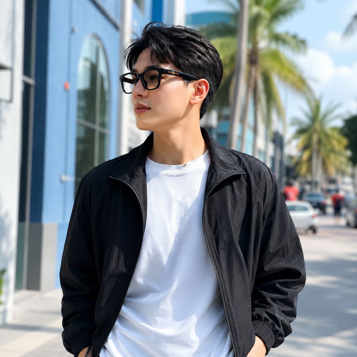 A man wearing Gucci GG2103OL-001 Black Rectangular Eyeglasses, a black zip-up jacket, and a white t-shirt walking outdoors on a sunny street lined with palm trees.