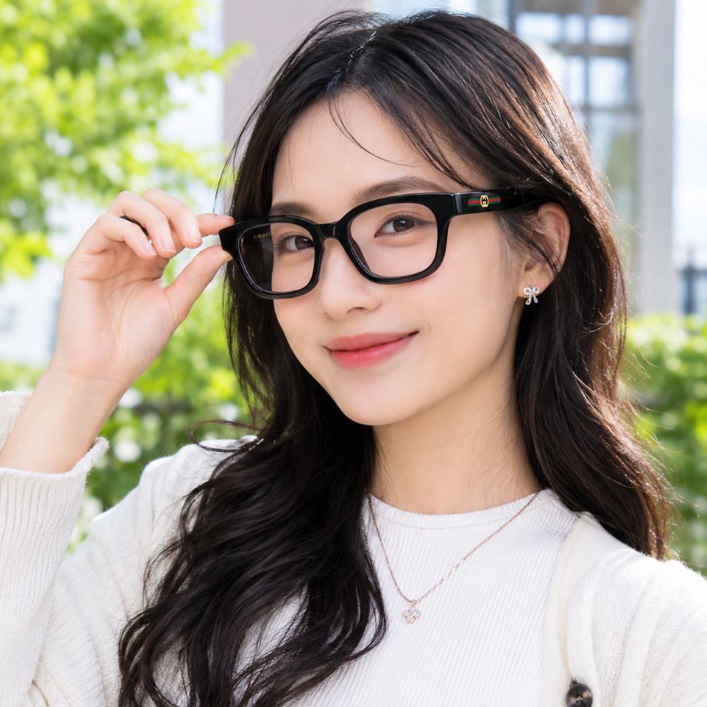 A woman with long dark hair wearing Gucci GG2103OL-001 Black Rectangular Eyeglasses and a white ribbed sweater, holding one side of the glasses with her hand in an outdoor setting with green foliage in the background.